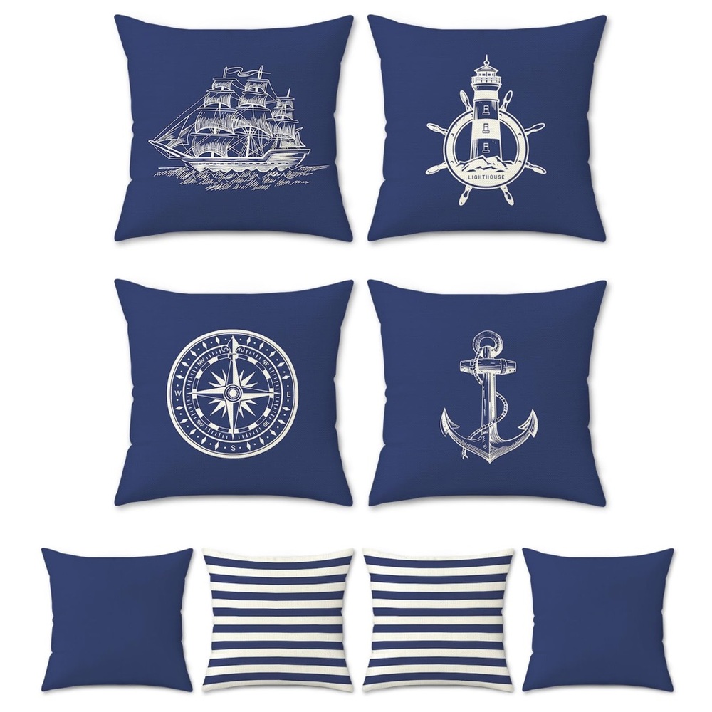 Bonhause Nautical Blue Pillow Covers 16x16 4 Anchor Lighthouse Sailboat Compass